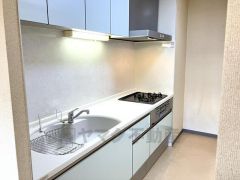 お料理の効率がアップする三口コンロを備えた、機能的なシステムキッチンです。上下に豊富な収納スペースがあり、調理器具や食器もスッキリ片付きます。広めのシンクは、大きなお鍋の洗い物も快適です。