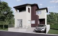 白とブラウンのコントラストが映える落ち着いた雰囲気の外観デザインです。玄関横にカースペースを配置しており、お買い物帰りのお荷物の運び出しも円滑に行える機能的な配置が特徴の建物となります