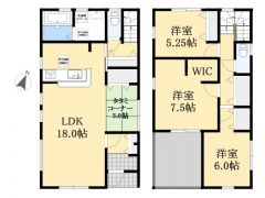 18帖の広々としたLDKに畳コーナーを配置しました。2階の全居室に収納があり、主寝室には大容量のウォークインクローゼットも完備しています。家族がゆったり過ごせる設計です。