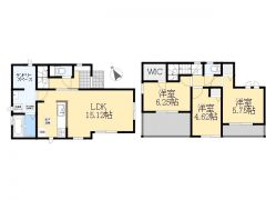 全居室に収納を設けた3LDKの間取りです。15.12畳のLDKには対面式キッチンを採用。料理中もリビング全体を見渡せるため、お子様の様子を確認しながら家事が進められます。